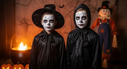 Naklejka premium Two children dressed in halloween costumes with spooky makeup pose in front of a festive backdrop