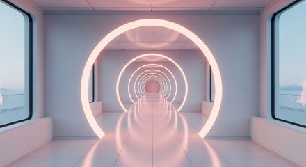 Obraz premium Futuristic Passageway with Luminous Pink Rings and Vanishing Point.
