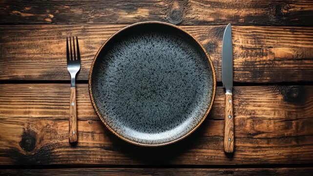 Elegant Dinner Table Setting with Dark Plate, Fork, and Knife on Rustic Wood Surface, perfect for