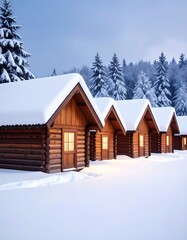 Cozy winter cabins in snowy forest