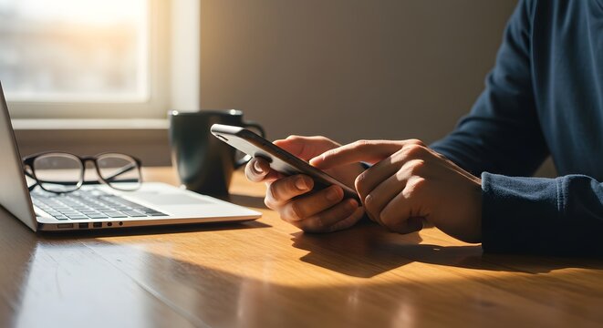 Man checking news updates on his phone while working from home near laptop and coffee, bathed in warm sunlight through the window for a cozy morning