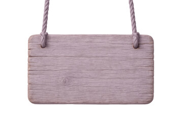 Wooden pink signboard suspending from rope against transparent backdrop, offering rustic messaging template with vintage charm