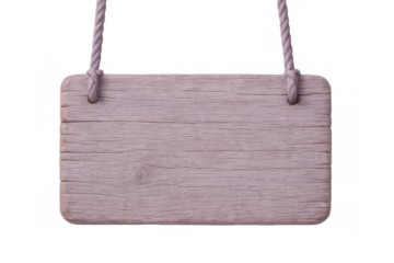 Wooden pink signboard suspending from rope against transparent backdrop, offering rustic messaging template with vintage charm