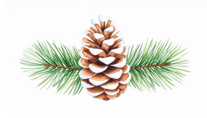 Fototapeta premium Snow Covered Pinecone with Green Pine Branches Christmas Holiday Decoration on White