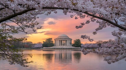 Tidal basin cherry blossoms frame jefferson memorial at sunset