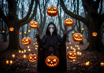 A mysterious figure in a plague doctor mask surrounded by glowing pumpkins in a dark forest creating a spooky halloween atmosphere