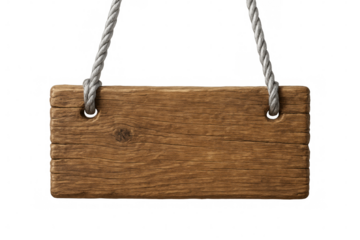 Wooden sign hanging from a gray rope on a transparent background, creating a rustic and customizable template