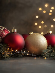 Christmas tree decorated with shiny gold and red baubles on a festive red background