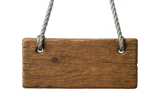 Wooden sign hanging from a gray rope on a transparent background, creating a rustic and customizable template