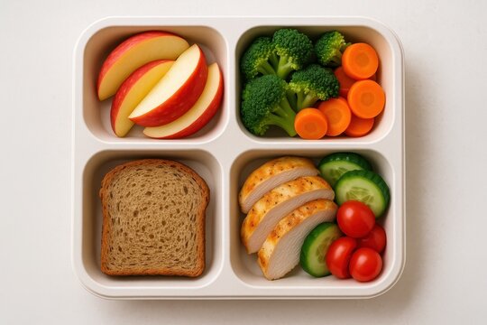 Nutritious school lunch components arranged in colorful compartmentalized trays with fresh fruits and whole grains