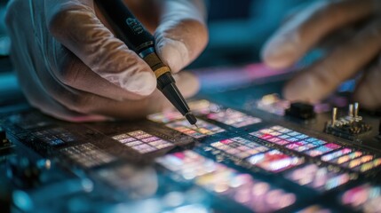 A closeup of a technician assembling a mmwave antenna array with inpackage photonic components emphasizing handson expertise in the integration of both technologies.