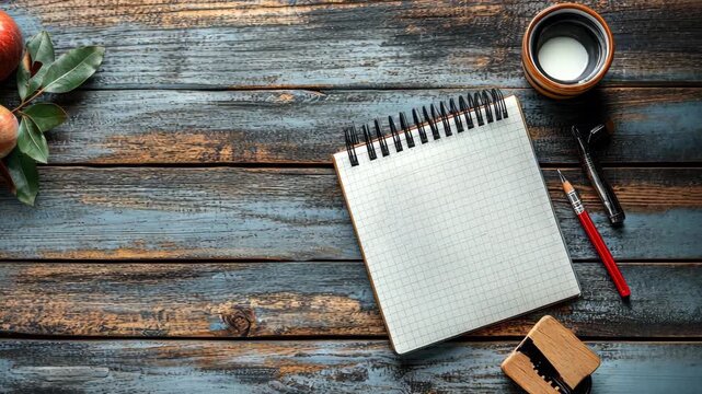 Flat lay composition notebook, apples, pencil, eraser and cup on wooden table, suitable for office