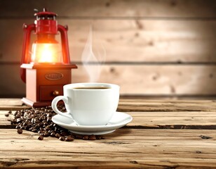 Cozy coffee scene on wooden table
