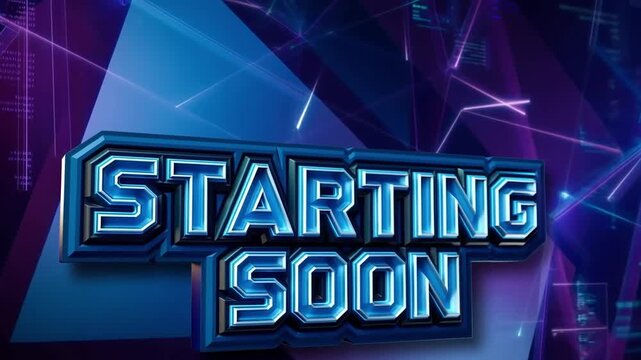 Starting Soon Graphic Design: A dynamic digital graphic featuring the words Starting Soon in a bold, metallic style, set against a futuristic backdrop of vibrant blues and energetic streaks.