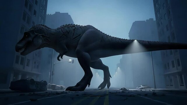 T-Rex Stalking Through Desolate City Ruins Under Dramatic Night Lights