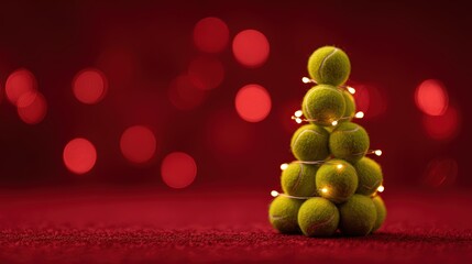 Tennis balls arranged as a Christmas tree on red background with copy space — sports holiday banner