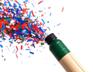 Fototapeta na wymiar Colorful confetti erupting from a green bottle