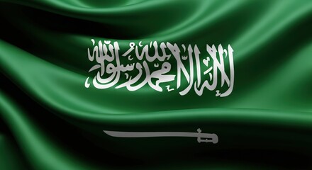 Saudi Arabian Flag Waving Green Fabric with White Arabic Script and Sword