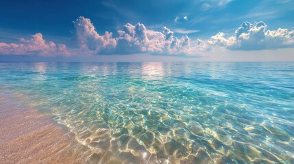 Tranquil beach scene, crystal clear water, vibrant sky