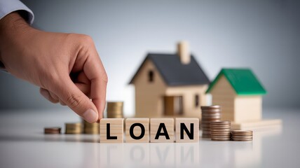 Hand Placing Wooden Blocks Spelling Loan In Front Of Coins And House Models Representing Mortgage Finance Property Investment And Banking


