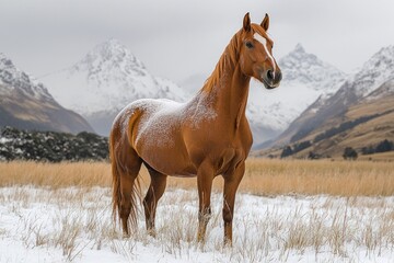 A reddish-brown horse stands in a snowy field, mountains in the background