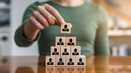 Hand Placing Wooden Block With Businessperson Icon On Pyramid Representing Team Management Leadership And Organizational Structure

