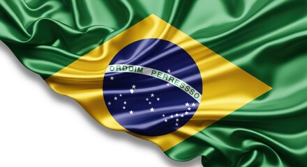 Brazilian Flag Waving Green Yellow Blue National Symbol on White Background
