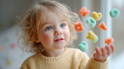 Cute toddler joyfully tossing colorful foam in playful indoor setting
