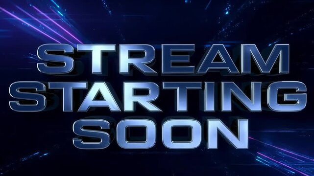 Stream Starting Soon: Dynamic graphic design of a streaming service pre-roll, with a futuristic, technological aesthetic, perfect for engaging audiences and announcing upcoming online events. 