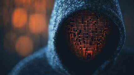 A figure in a dark hoodie stands against a hazy background, revealing glowing digital patterns on the face, evoking intrigue and mystery.