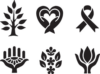 Obraz premium Charity and wellness icons, 6 black vector symbols, support logos