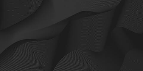 Black abstract background design. Modern wavy line pattern (guilloche curves) in monochrome colors. Premium stripe texture for banner, business backdrop. Dark horizontal vector template