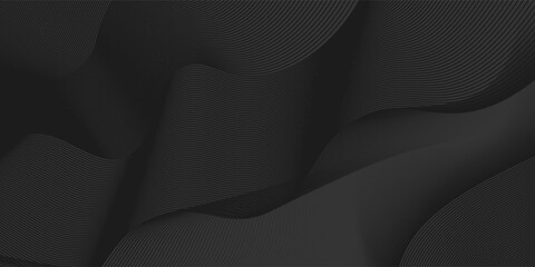 Black abstract background design. Modern wavy line pattern (guilloche curves) in monochrome colors. Premium stripe texture for banner, business backdrop. Dark horizontal vector template