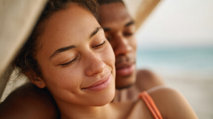 Romantic couple relaxing together with serene expressions on sandy beach