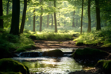 Obraz premium Stream, sun, trees, soft light.