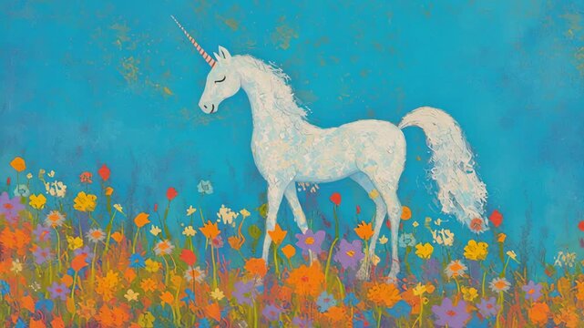 A beautiful unicorn grazes in a field filled with colorful wildflowers under a clear blue sky.