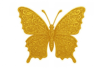 Golden butterfly sticker with intricate details on its wings, isolated on a transparent background, perfect for design projects