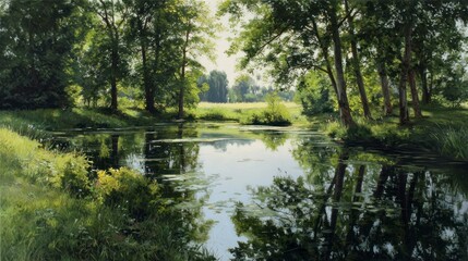Serene waterscape depicting trees, reflection, and a sunlit field. Focus on light and shadow