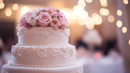 Fototapeta premium Elegant three-tier wedding cake adorned with soft pink roses and intricate royal icing details, glowing softly.