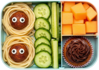 Two spaghetti meatballs with googly eyes sliced cucumbers cantaloupe cubes and a chocolate cupcake in a lunchbox transparent background