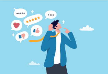 Listening to feedback, criticize message, customer advice or hearing client response, communication or answer, seek feedback concept, businessman listen to customer social media feedback expression
