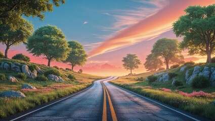 A solitary road surrounded by beautiful nature with green trees, fields and cloudscape, representing the choice of different paths in life
