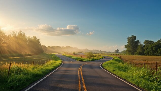 A solitary road surrounded by beautiful nature with green trees, fields and cloudscape, representing the choice of different paths in life