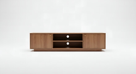 Sleek wooden media console with a minimalist design isolated on a white background. Concept of modern furniture for a living room.