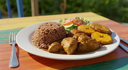 "Belizean Cuisine &ndash; Rice, Beans, Chicken, and Fried Plantains"