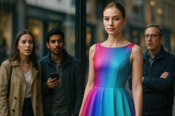 Obraz premium Reactive Dress Display Worn by Woman with Spectators Observing on City Street