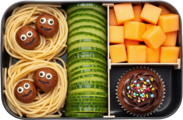 Bento box containing spaghetti with meatballs resembling faces sliced cucumbers diced melon and a frosted cupcake transparent background