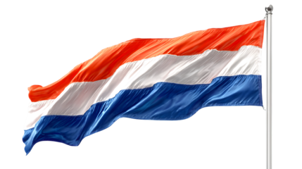 A waving flag of the netherlands on a pole against a black background in the wind outdoors