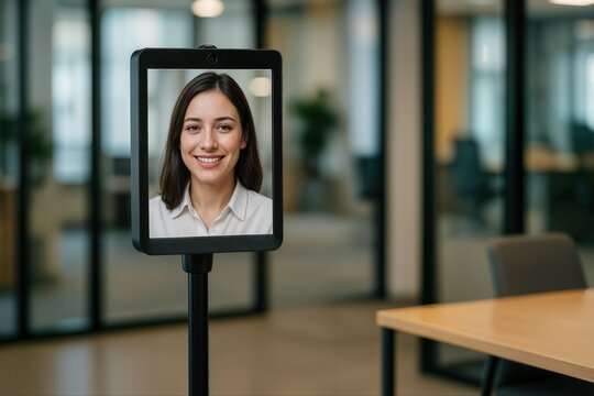 Virtual Job Interview with Woman Appearing on Robot Screen in Modern Office Setting