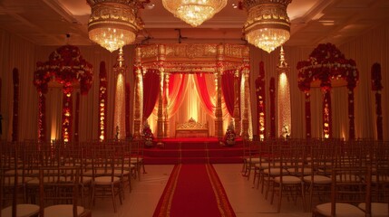Obraz premium Elegant Indian wedding mandap setup with golden decor and red floral arrangements